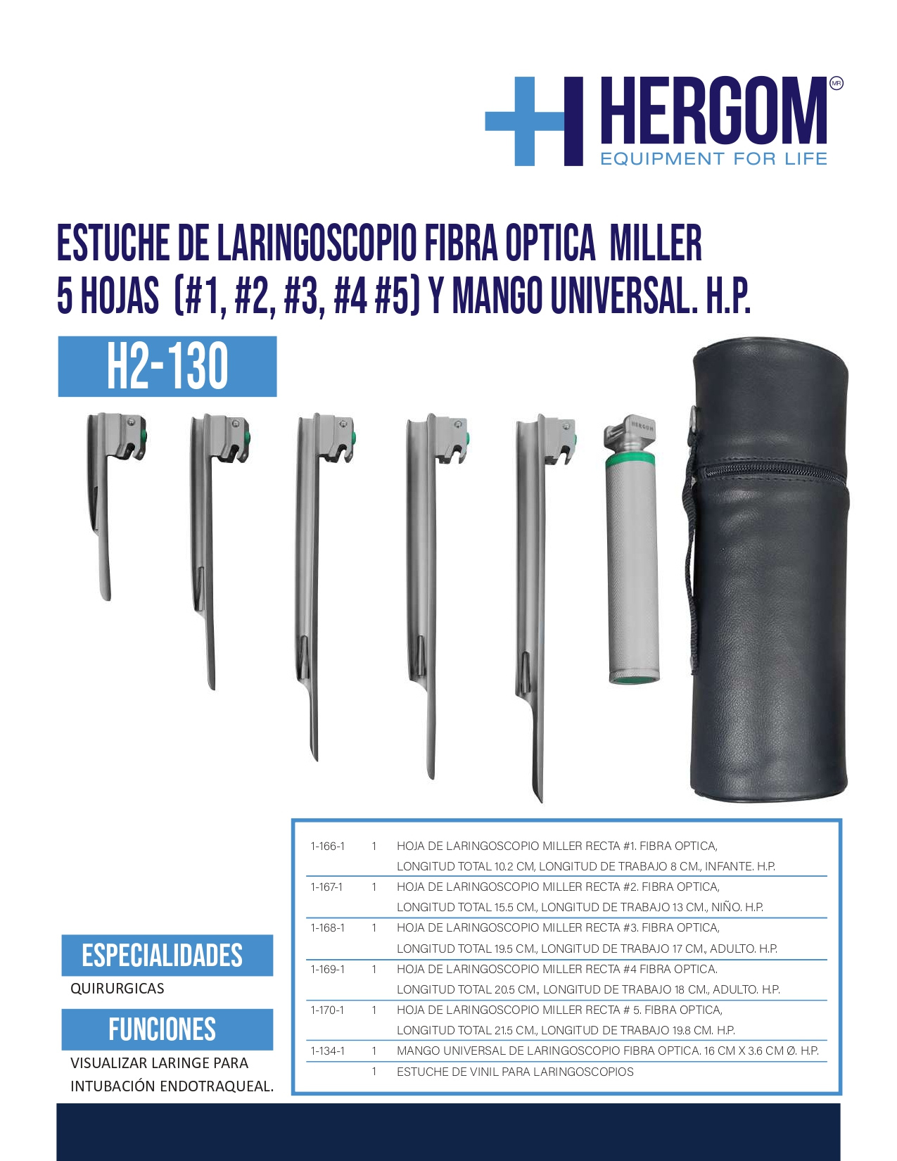 Estuche de Laringoscopio Fibra Optica Miller 5 Hojas (#1 #2 #3 #4 #5) y Mango Universal