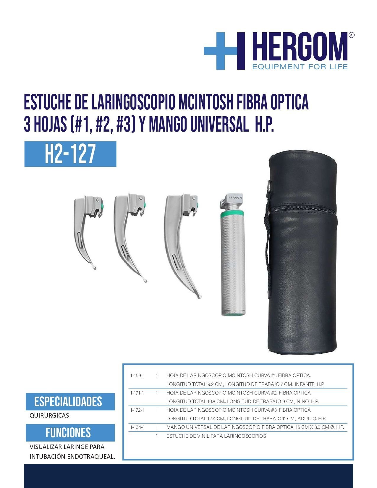 Estuche de Laringoscopio Mcintosh Fibra Optica 3 Hojas (#1 #2 #3) y Mango Universal