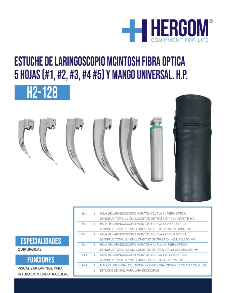 Estuche de Laringoscopio Mcintosh Luz Estandar 5 Hojas (#1 #2 #3 #4 #5) y Mango Universal