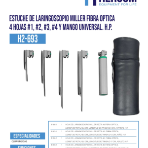 Estuche de Laringoscopio Miller Luz Estandar 4 Hojas (#1 #2 #3 y #4) y Mango Universal