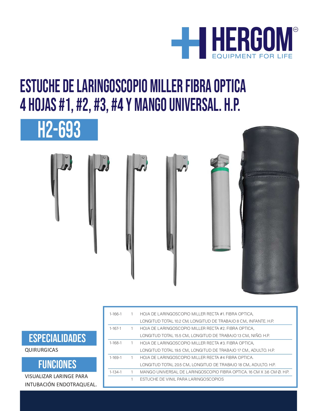 Estuche de Laringoscopio Miller Luz Estandar 4 Hojas (#1 #2 #3 y #4) y Mango Universal
