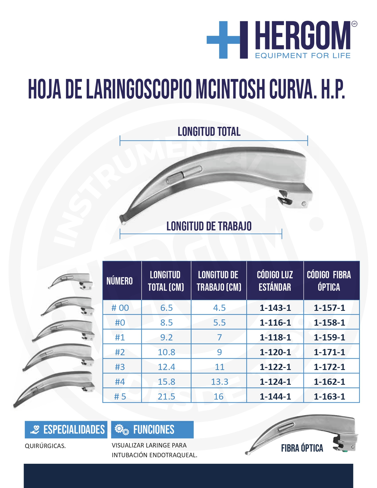 Hoja de Laringoscopio Mcintosh Curva #4. Fibra Optica. Longitud Total 15.8 Cm. Longitud de Trabajo 13.3 Cm. Adulto.