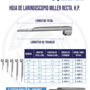 Hoja de Laringoscopio Miller Recta #0. Fibra Optica Longitud Total 8.5 Cm Longitud de Trabajo 5.5 Cm. Prematuro
